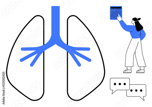 Lungs diagram with blue bronchial pattern, woman interacting with a calculator, and two speech bubbles. Ideal for healthcare, respiratory health, data analysis, communication, education, medical