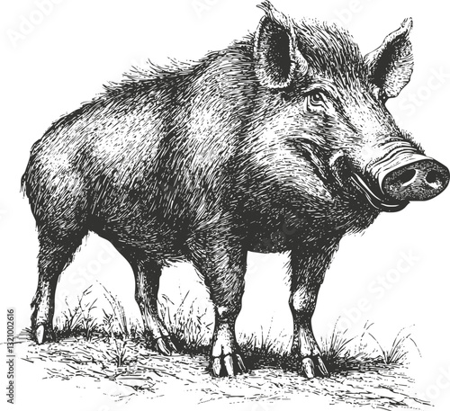 Detailed black and white illustration of a wild boar standing.