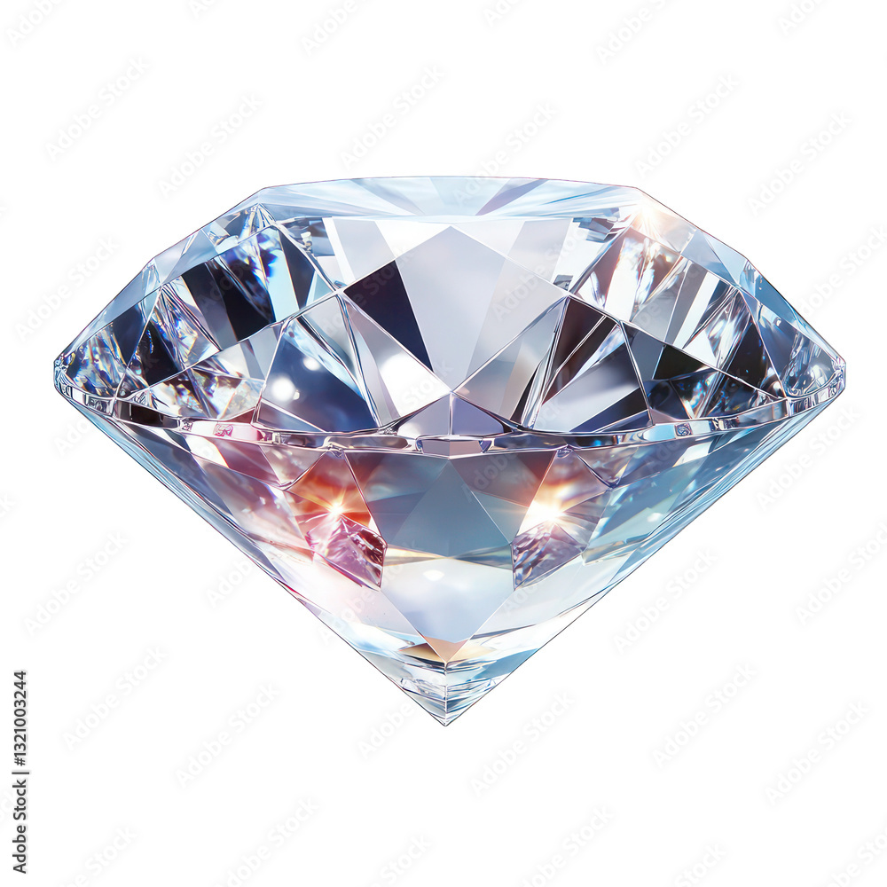 A crystal-clear diamond spinning in the air, with light refracting off its facets, isolated on white background. A crystal-clear diamond spinning in the air, with light refracting off its facets, isolated on white background.