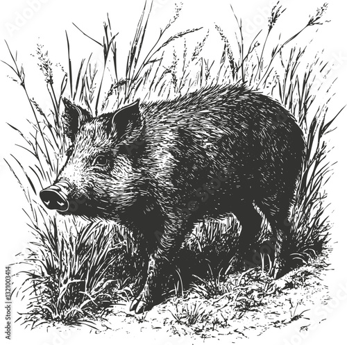 Black and white illustration of a wild boar in natural habitat.