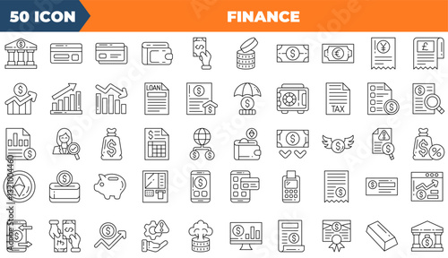 Finance icon set. Containing budget, savings, expense,and more. Line vector icons collection.