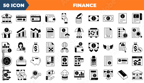 Finance icon set. Containing budget, savings, expense,and more. Duotone vector icons collection.