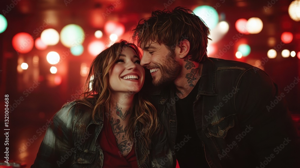 In a vibrant setting filled with color and light, a couple shares a joyful embrace, their laughter echoing the feeling of connection and happiness in their affectionate moment together. In a vibrant setting filled with color and light, a couple shares a joyful embrace, their laughter echoing the feeling of connection and happiness in their affectionate moment together.