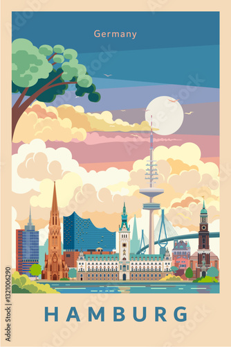Hamburg City landmarks retro sunset poster design, Germany