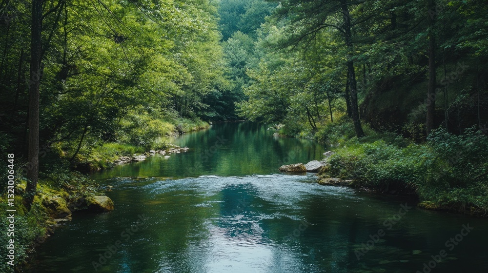 Serene waterway flows amid lush vegetation, a verdant paradise vista Serene waterway flows amid lush vegetation, a verdant paradise vista