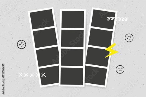 Blank instant photo booth stripe of set with funny doodle on concrete wall