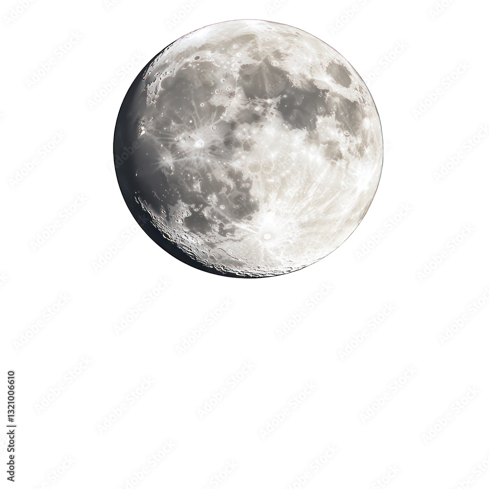 Naklejka premium A full moon rising above a quiet, peaceful lake, its reflection shimmering on the water, isolated on white background.