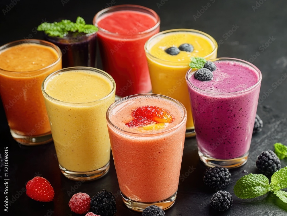 Six different flavored juices, served in small glasses and surrounded by berries and mint leaves.