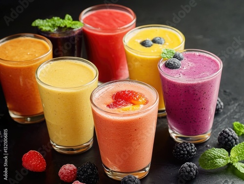 Obraz na płótnie Six different flavored juices, served in small glasses and surrounded by berries and mint leaves. w salonie