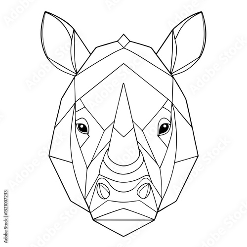 a geometric illustration of a rhinoceros head, showcasing a modern and artistic design. The illustration features clean lines and a symmetrical composition
