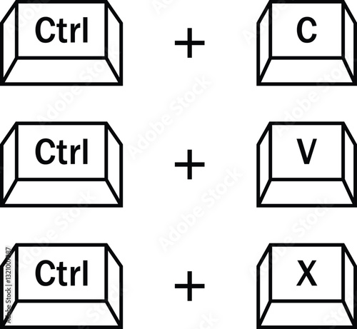 Ctrl c, Ctrl v, Ctrl x button icon. Computer keyboard buttons. Vector illustration