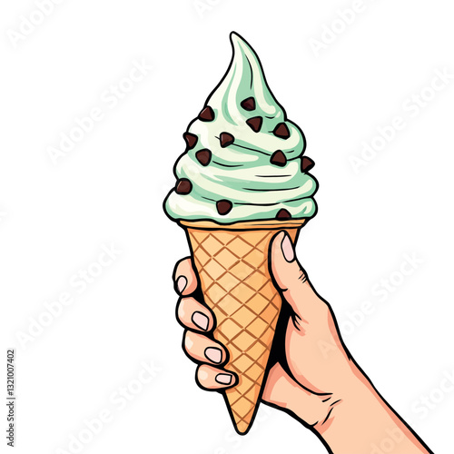 Hand holding mint chocolate chip ice cream cone pop art style