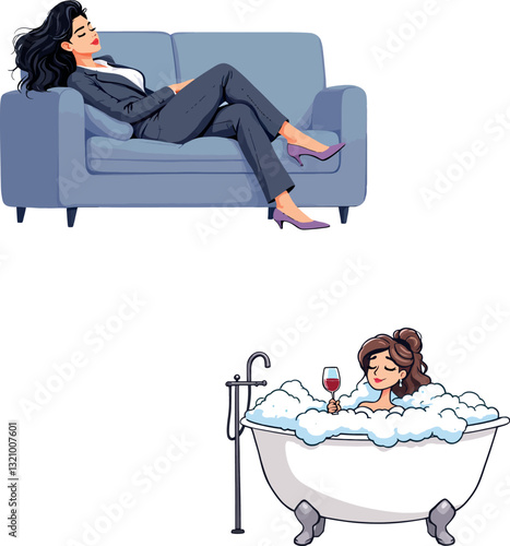 Vsai businesswoman relaxing on sofa and woman taking a bath with wine