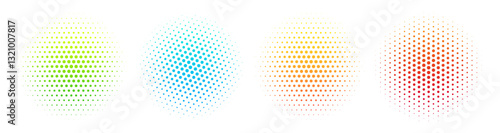 Halftone effect dotted gradient colorful circles set. Isolated vector dotted spots technology design elements