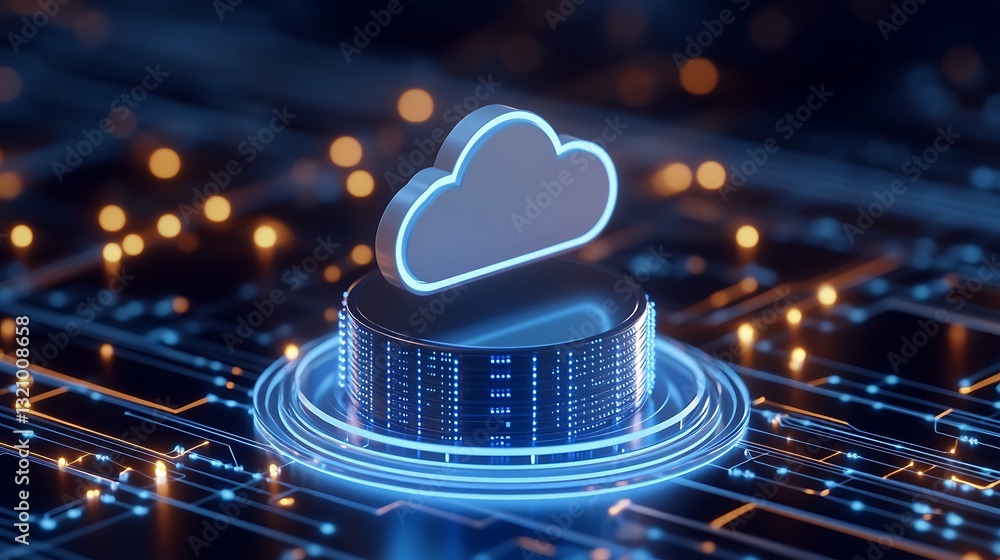 Futuristic Cloud Computing Icon on Abstract Digital Circuit Background with Bokeh Lights and Data Flow
