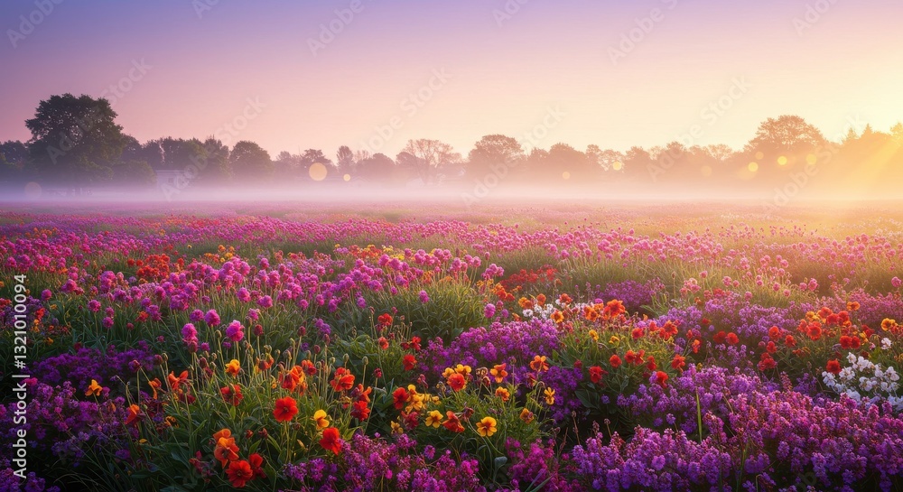 Obraz premium Vibrant flower field at sunrise with mist and soft light in background