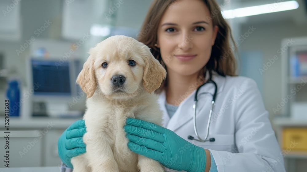Veterinary woman professional examining small puppy dog with blue medical gloves in clinical veterinary setting clinic Veterinary woman professional examining small puppy dog with blue medical gloves in clinical veterinary setting clinic