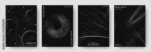 Set of abstract space astronomy backgrounds. Linear galaxy, meteorites, planet, solar system. Black and white science future concept. Futuristic minimal design for cover, poster, banner, brochure