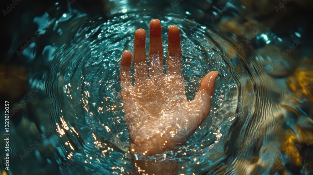 Fototapeta premium Hand entering water, ripples, natural light, meditative moment, peaceful scene, stock photo