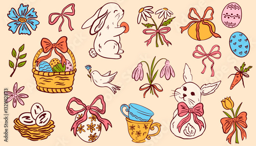 Set of doodle hand drawn elements for Easter in coquette style. Cute bunnies, bows and ribbons, flowers and leaves, basket, eggs. Vintage girly decoration. Whimsical vector illustration.