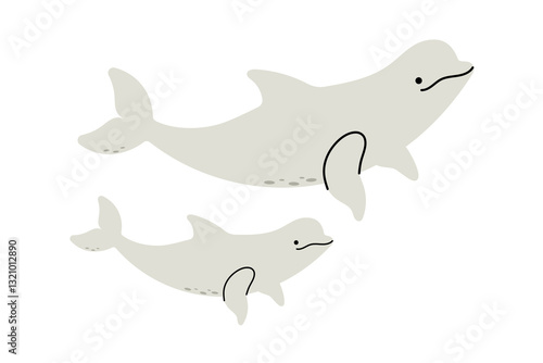 Flat vector illustration of a beluga mother with her baby, ocean wildlife, marine life, isolated on white background.