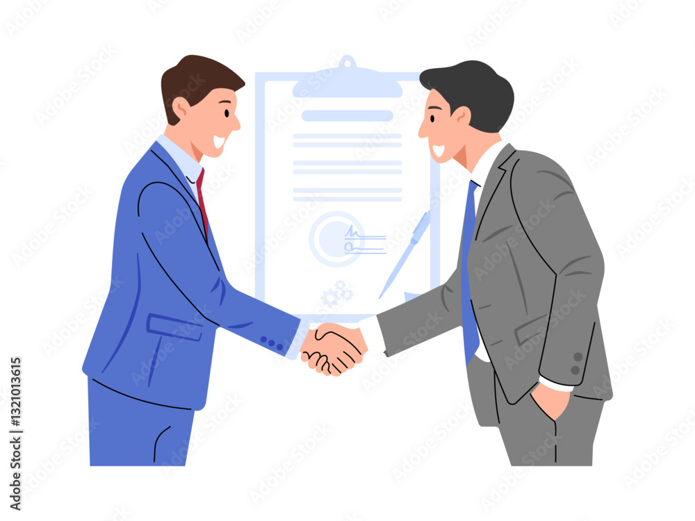Two business partners sealing a deal with a handshake, with a signed contract symbolizing their agreement. Two business partners sealing a deal with a handshake, with a signed contract symbolizing their agreement.