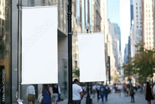 Blank white banners hanging from city streetlight poles, in front of pedestrian walkways and buildings