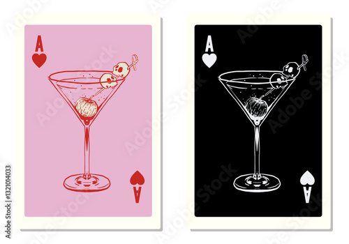 Whimsical Halloween drink illustration, Ace of Martinis playing card print, , Hand drawn Martini Drink illustration for T-shirt, invitations, wall art and web design