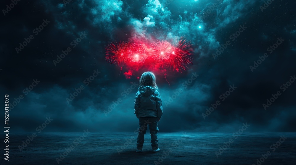 A child gazes upward at bright fireworks exploding in the night sky, framed by dramatic clouds, embodying the wonder and excitement of celebration, creating a stunning visual contrast. A child gazes upward at bright fireworks exploding in the night sky, framed by dramatic clouds, embodying the wonder and excitement of celebration, creating a stunning visual contrast.