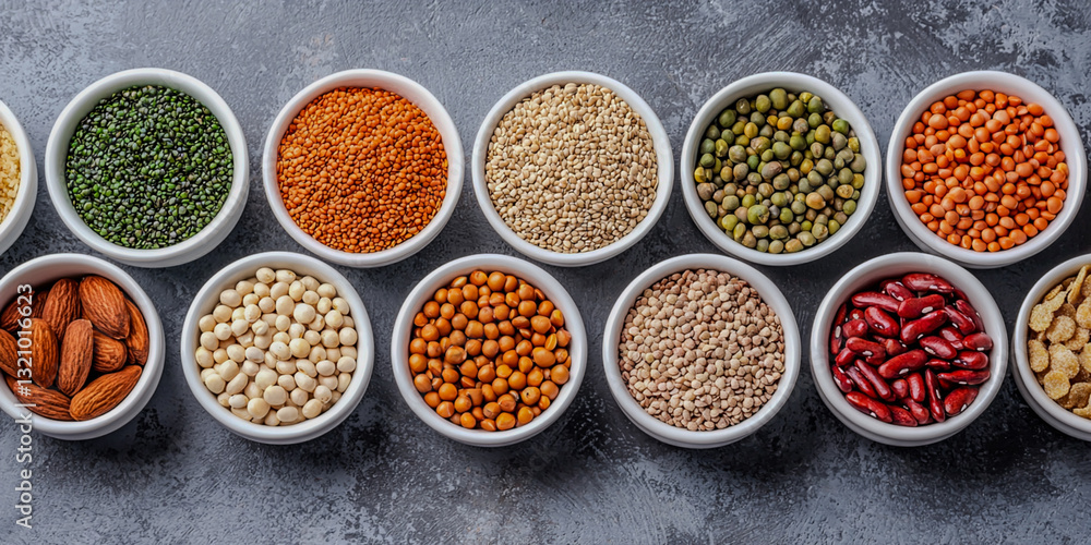 A colorful array of various legumes, nuts, and seeds displayed in small bowls on a textured surface, depicting healthy food options. A colorful array of various legumes, nuts, and seeds displayed in small bowls on a textured surface, depicting healthy food options.
