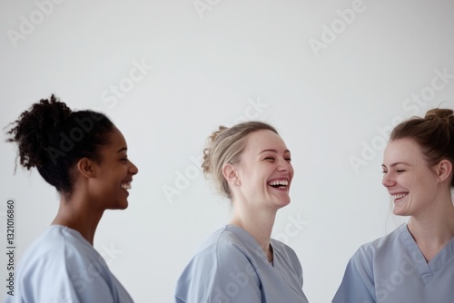 Three healthcare professionals share joyful moments, showcasing