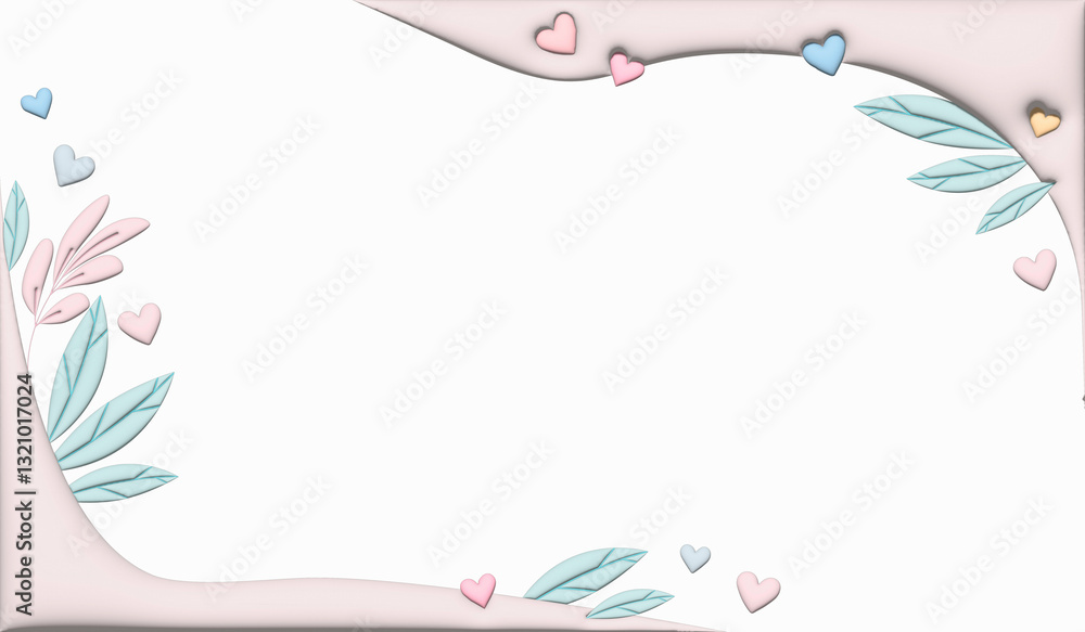 A volumetric illustration with images of hearts and leaves, in pastel soft tones. A volumetric illustration with images of hearts and leaves, in pastel soft tones.