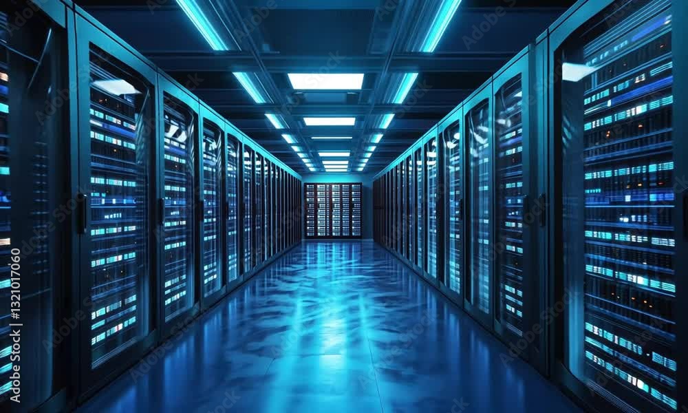 Futuristic Server Room: Data Center's Blue Glow Futuristic Server Room: Data Center's Blue Glow