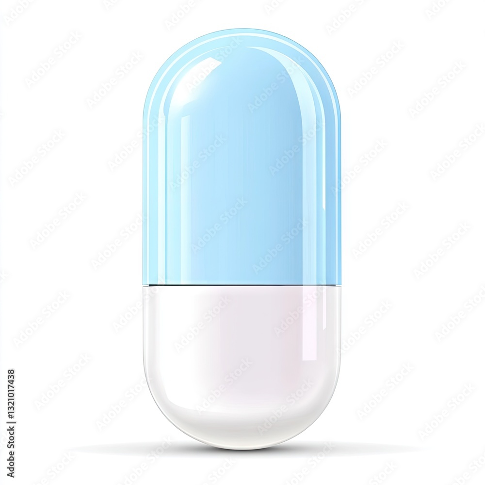 Light blue and white capsule pill. Glossy, oval-shaped medication Light blue and white capsule pill. Glossy, oval-shaped medication
