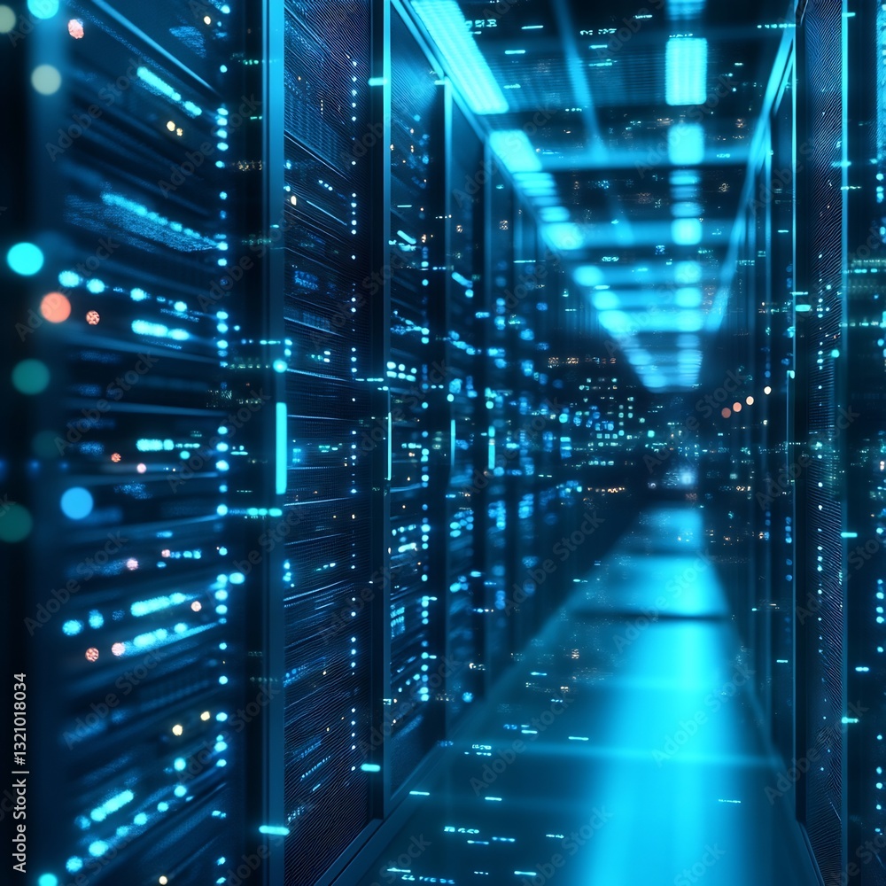 Fototapeta premium Server room corridor, data center, digital, glowing, technology, future, network, infrastructure, computing