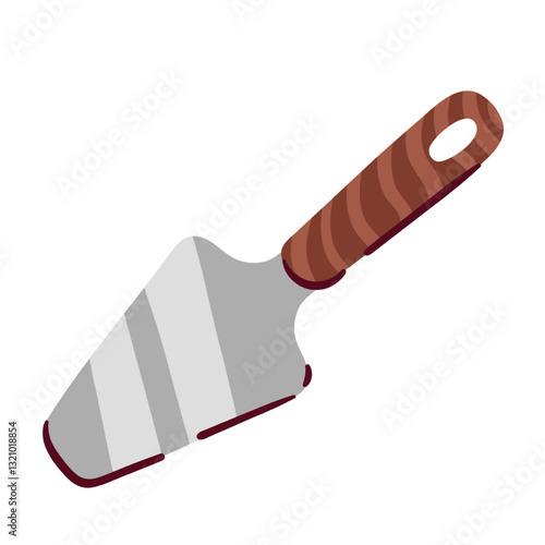 Spatula for serving pizza slice on cartoon plate. Funny bakers and pizzeria restaurant chefs tool with wooden handle. Kitchen utensil, rustic kitchenware mascot, cartoon spatula vector illustration