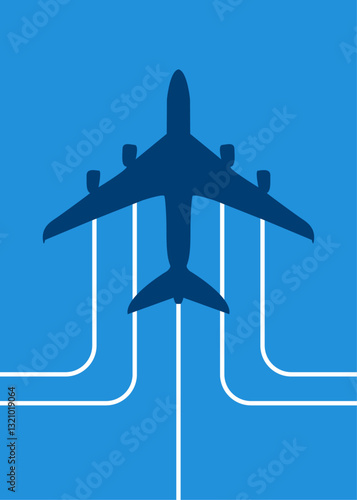 Logo Travel. Banner con silueta de avión de pasajeros con estelas lineales