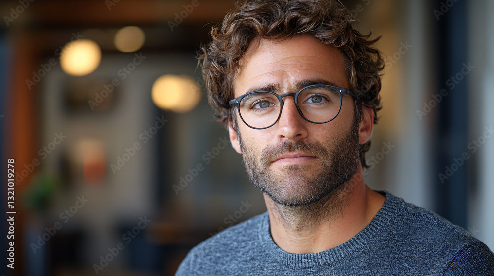 Obraz premium Thoughtful man with glasses engaged in audio content creation while focusing on sound and creative ideas in modern setting