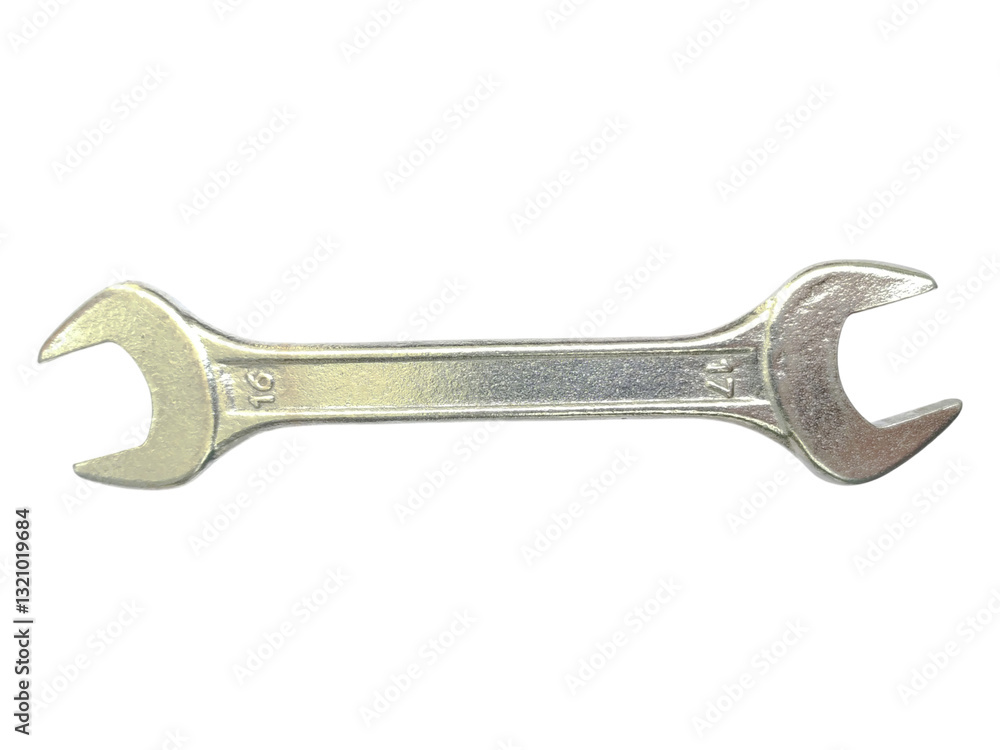 A single, metallic wrench rests on a stark white background. A single, metallic wrench rests on a stark white background.