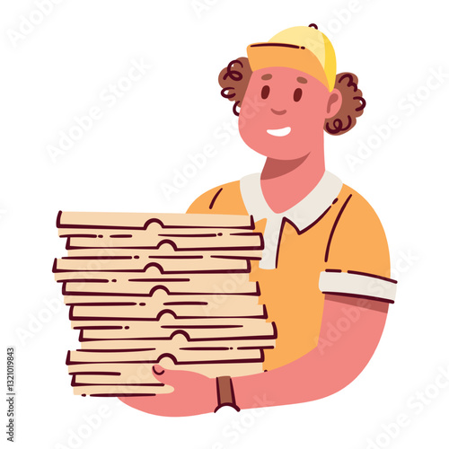 Delivery man holding stack of cartoon pizza boxes. Funny courier in cap with pile of cardboard packages to bring. Pizza express shipping mascot, cartoon cute happy young guy vector illustration