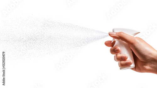 Hand holding white spray bottle releasing fine mist isolated on transparent background, cutout png