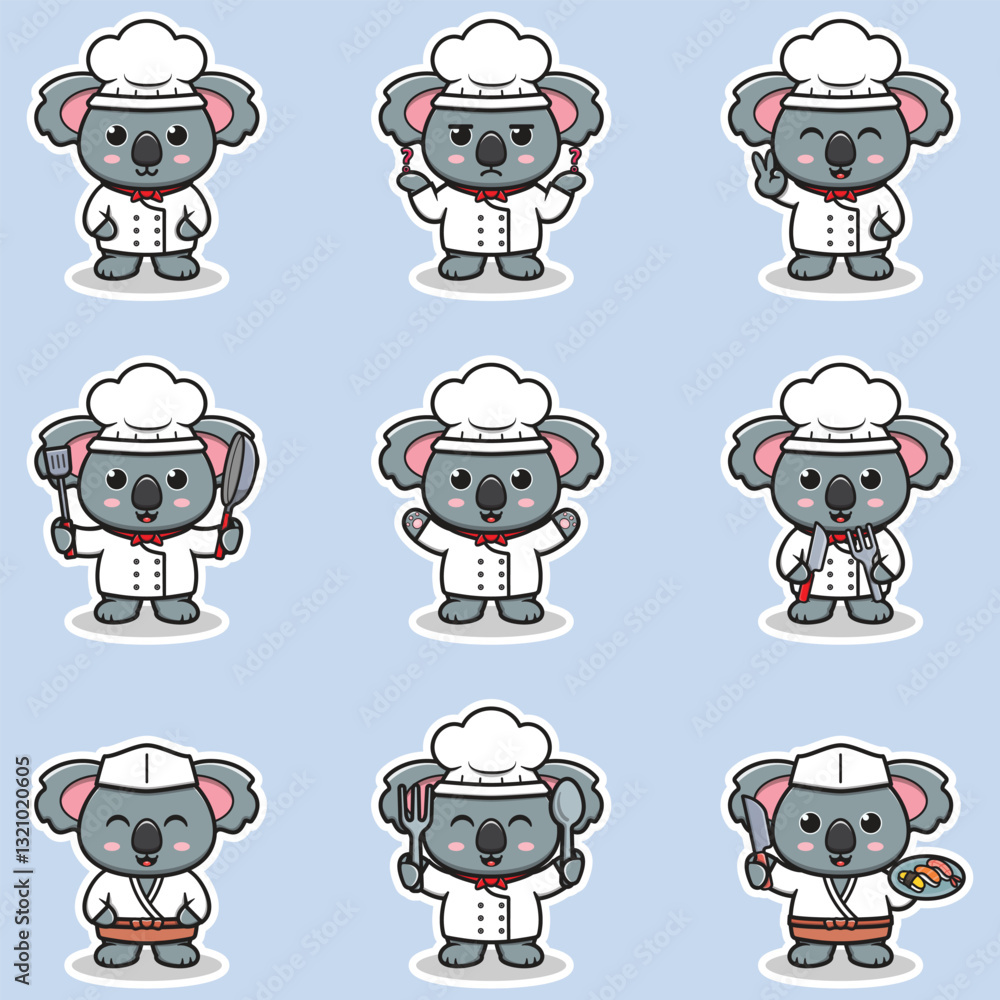 Obraz premium Vector Illustrations of cute Koala chef mascot cartoon character. Illustration Collection of Koala icon isolated. This is Vector Illustration.