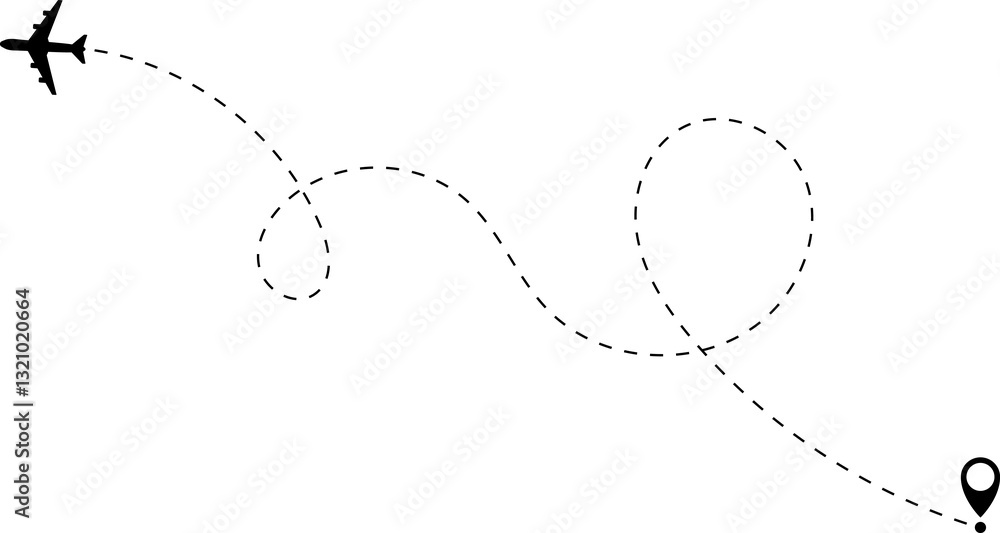 Airplane line path icon of air plane flight route with start point and dash dotted line trace. Love travel route. Airplane routes. Travel icon. Airplane line path icon of air plane flight route with start point and dash dotted line trace. Love travel route. Airplane routes. Travel icon.