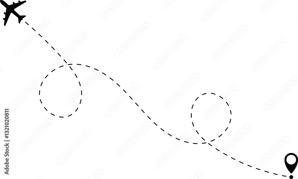 Airplane line path icon of air plane flight route with start point and dash dotted line trace. Love travel route. Airplane routes. Travel icon. Airplane line path icon of air plane flight route with start point and dash dotted line trace. Love travel route. Airplane routes. Travel icon.