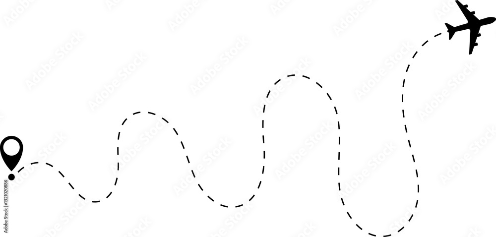 Airplane line path icon of air plane flight route with start point and dash dotted line trace. Love travel route. Airplane routes. Travel icon. Airplane line path icon of air plane flight route with start point and dash dotted line trace. Love travel route. Airplane routes. Travel icon.