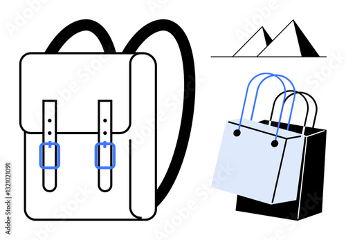 Backpack with two buckles and handle straps, two shopping bags, and pyramids. Ideal for travel, shopping, adventure, education, exploration consumerism tourism. Clean and modern abstract line flat