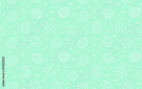Decorated linear seamless pattern with Easter eggs. Egg in flat hand drawn style on green color background. Festive traditional meal decorated eggs. Vector illustration