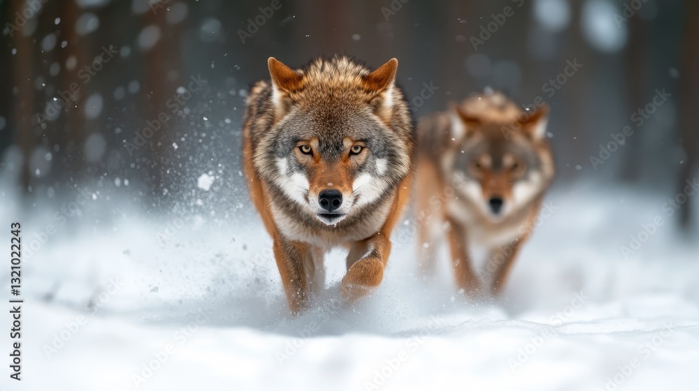Two wolves chase through the snowy forest, embodying the raw power and beauty of nature, illustrating the wildlife's instinctual connection and energy. Two wolves chase through the snowy forest, embodying the raw power and beauty of nature, illustrating the wildlife's instinctual connection and energy.