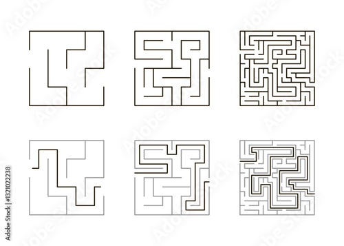 Labyrinth game different levels, logic challenge to navigate its twisting paths. Kids maze, strategy, problem-solving. Square maze with ready solution. Vector illustration on white background