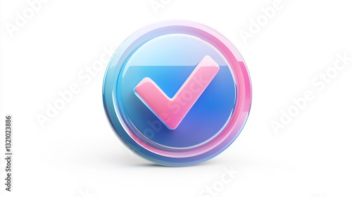 Free Download A 3D glossy gradient checkmark symbol within a circular badge, with holographic blue and pink hues and a glass-like reflective texture. Isolated on a transparent or white background. - GFXLoad